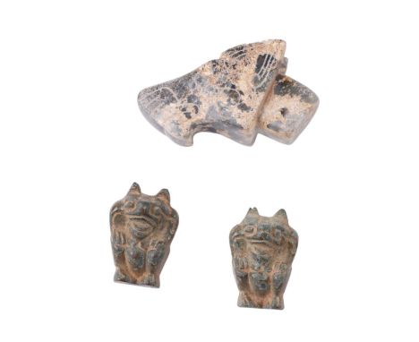 A Chinese carved hardstone or jade like figure of a bird, 6cms high; together with two bronze figural mounts in the form of d