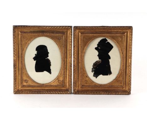 A pair of 18th century portrait miniature silhouettes painted on glass depicting a gentleman and a lady by Mr Rosenberg of Ba