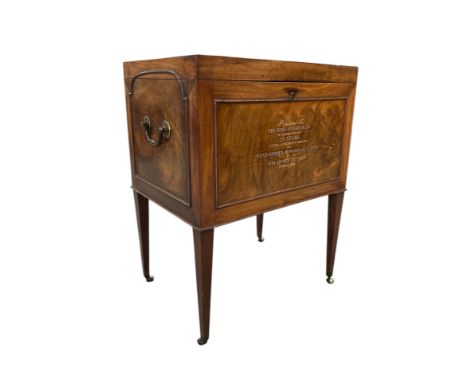 A 19th century mahogany cellarette on square tapering legs with gilt inscription to the front panel 'Presented to Miss Goss O
