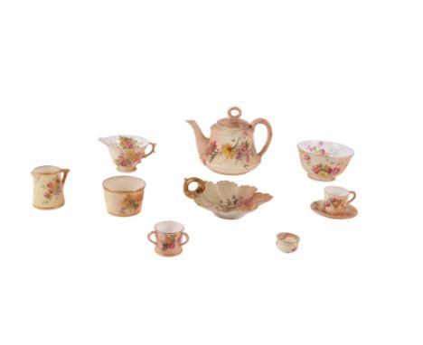 A quantity of Royal Worcester blush ivory items to include teapot, cabinet cups and saucers, cream jug and tyg.Condition Repo