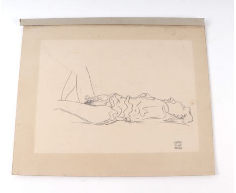 After Gustav Klimt (1862-1918) - Study of a Semi-Naked Reclining Woman - signed lower right, unframed, 26 by 19cms.