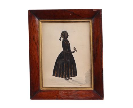 A 19th century profile silhouette portrait of a young girl holding flowers with gilt highlights, glazed and in a rosewood fra