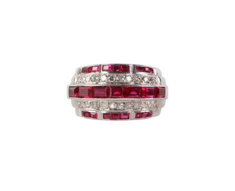 A platinum diamond and synthetic ruby ring, approx UK size H, 11.7g.