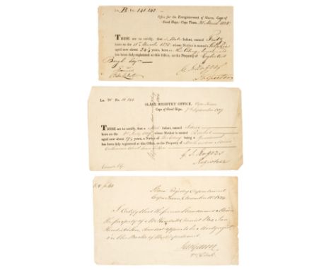 * Slavery Registration Documents. A group of 3 slavery registration documents, 1824-27, the first entirely in manuscript, 11 