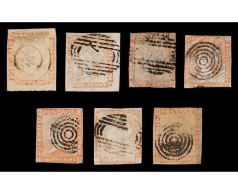 * Stamps. Mauritius. 1859 Q. V. 1D Post Paid, word or latest impressions, group of six examples, margins in places with one g