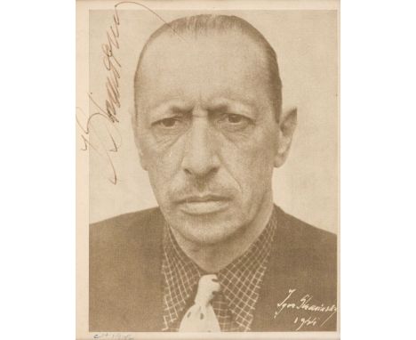 * Stravinsky (Igor, 1882-1971). Russian-born composer, pianist and conductor. Signed portrait, c. 1946, half-tone reproductio