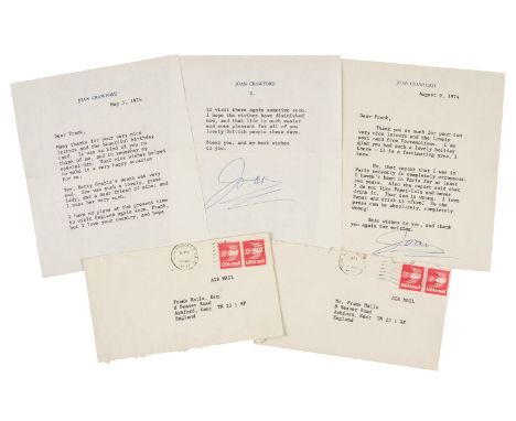 * Crawford (Joan, c. 1904-1977). Two Typed Letters Signed, 'Joan', 3 May &amp; 9 August 1974, both to fan Frank Halls of Ashf