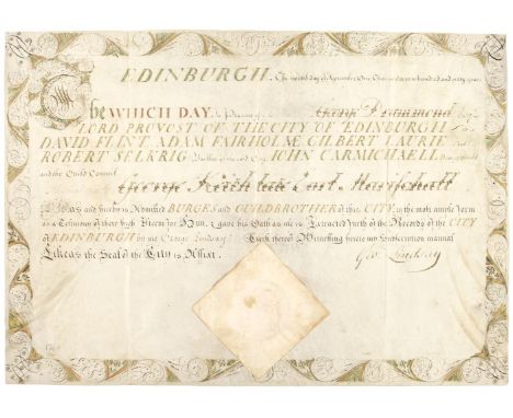 * Freedom of the City. A group of 3 decorated vellum documents granting freedom of the city, 1760/1764, the earliest and larg