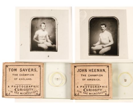 * Boxing Microphotographs. A pair of microphotographs of the boxers Tom Sayers and John Heenan by J[ohn] S[tovin], c. 1860, e