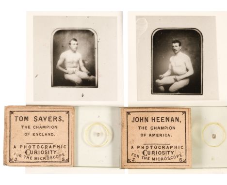 * Boxing Microphotographs. A pair of microphotographs of the boxers Tom Sayers and John Heenan by J[ohn] S[tovin], c. 1860, e