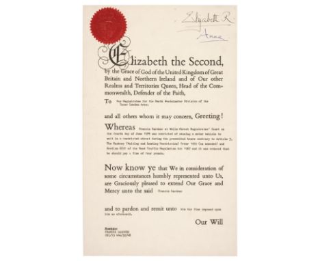 * Elizabeth (1900-2002). Queen Consort of King George VI, The Queen Mother. Document Signed, 'Elizabeth R', St James's, 17 Fe