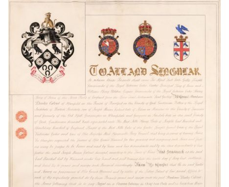 * Grant of Arms. Manuscript Grant of Arms for Abraham Rhodes Calvert of Harefield in the Parish of Bradford, Yorkshire, Fello