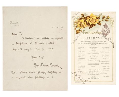 * Baden-Powell (Robert, 1857-1941). Signed Concert Programme on board RMSP 'Arcadian', 12 January 1912, printed programme wit
