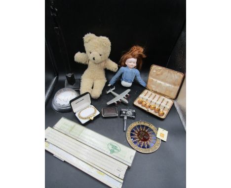 Collectors lot- Dinky plane, camera lighter, vesta case, tech rules, gold coloured gateleg bracelet, enamel commemorative cup