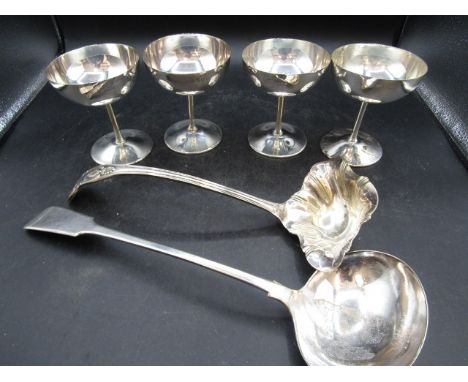 4 hall marked silver champagne cups ( each cup approx 130 gms) , 1 EPNS Sheffield silver ladle 325cm long, 1 silver plate lad