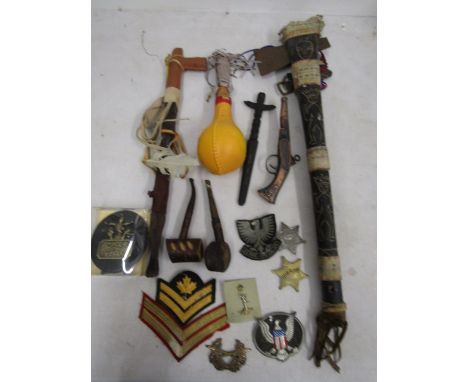 Native American Axe, American Eagle watercolour poster, instrument, badges and various collectables
