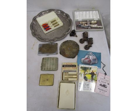 various collectables- metalware, cigarette cases, Mini Cooper postcards, Brands Hatch tag, razor, vintage castors, Bakelite k