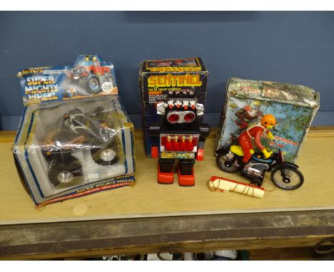Boxed Liknar 1970's/80's Sentinel 13" giant walking robot, Bultaco radio controlled trial bike in box made by Sanchis and Hi-