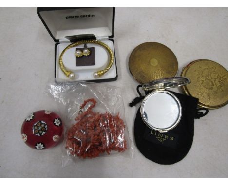 Coral necklace, Caithness paperweight and 3 compacts (Stratton and Links) and a Pierre Cardin bracelet&nbsp;