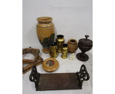 Treen vase, book trough, lidded pot with wooden ball, vases etc