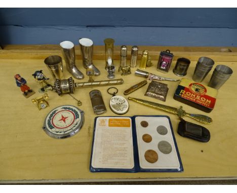 Collectors lot to include penknife, coins, lighter and Trench Art hour glass etc&nbsp;