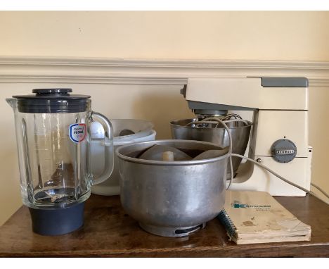 Kenwood Mixer and accessories, two mixing bowls, potato peeler, new liquidiser. Instructions &amp; recipe book.
