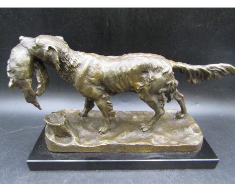 Bronze flat coat retriever with bird sculpture signed J. Moignier, on black marble plinth 27cmW 19cmH&nbsp;