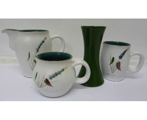 A Denby jug, mug, a teapot lacking lid and a Langley green vase