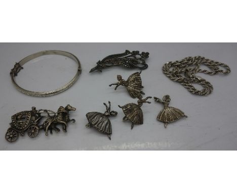 A Candida silver ballerina brooch with matching earrings and pendant, a silver neck chain, a silver bangle, etc.
