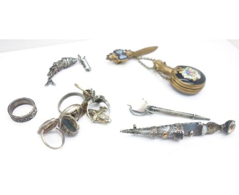 An enamel chatelaine scent bottle, a Scottish dirk brooch, a/f, a silver, blue John and marcasite ring, a reticulated fish br