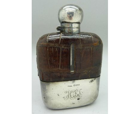 A silver and leather hip flask, Sheffield 1903, James Dixon, silver weight 76.2g