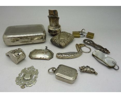 A vesta case, a snuff box, a steel button hook, a bottle stopper, etc.
