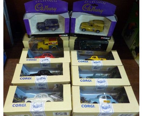 Nine Corgi Morris Minor model cars, boxed, and one Austin van, boxed