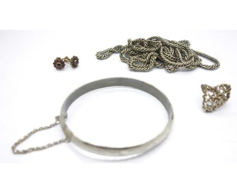 Jewellery including a pair of garnet earrings and a bangle