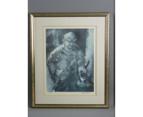 WILLIAM SELWYN coloured limited edition (218/300) print - farmer with stick and cat, signed in full, 39 x 30 cms