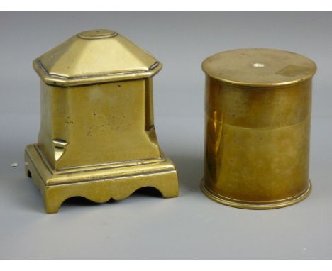 A HEAVY OBLONG BASED BRASS LIDDED TEA CADDY and a shell case base converted to a lidded container