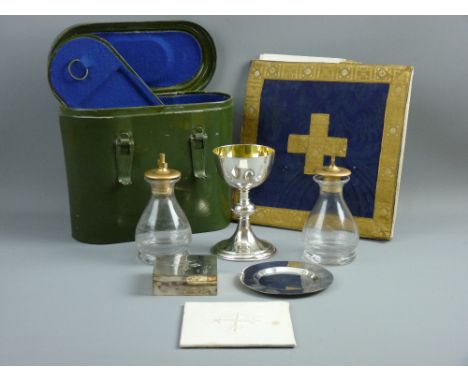 A MILITARY ISSUE CHAPLAIN'S FIELD COMMUNION KIT, 1950's complete with gilt lined silver plated goblet, lidded box and dish, t