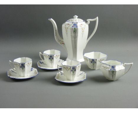 A SHELLEY CHINA PART COFFEE SERVICE, Queen Anne shape with blue iris pattern decoration comprising lidded coffeepot, cream ju