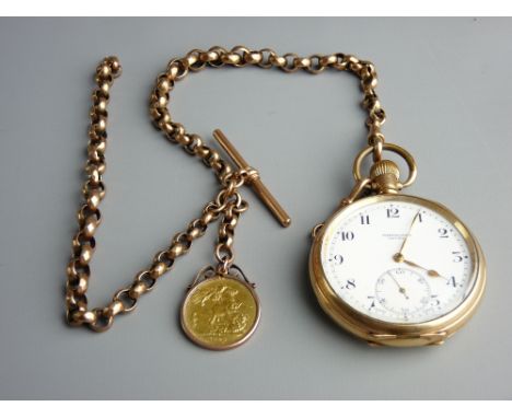 A NINE CARAT GOLD FOB WATCH CHAIN WITH T-BAR with an 1896 Victoria sovereign in a nine carat gold mount attached along with a