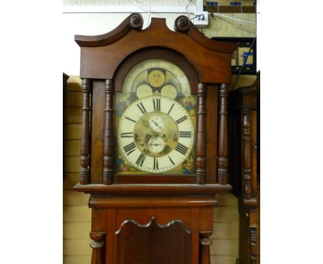 A VICTORIAN MAHOGANY ARCHED DIAL LONGCASE CLOCK by S J Bibby, Carnarvon, the well painted dial set with Roman numerals and Ar