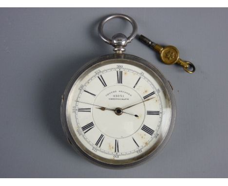 A SILVER ENCASED POCKET CHRONOGRAPH, centre second keywind, Chester 1893, having a white enamel dial with Roman numerals, (so