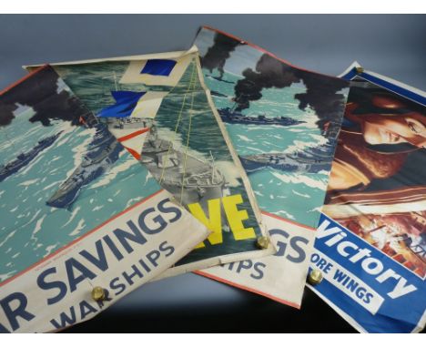 FOUR WWII WAR SAVINGS POSTERS including Norman Wilkinson 'War Savings Are Warships' and Edward Osmond 'Wings For Victory, Mor