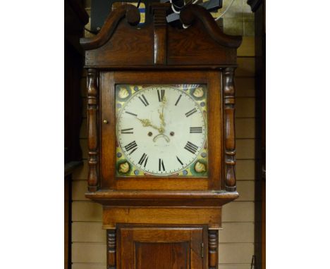 A GEORGE III OAK LONGCASE CLOCK, the 14 ins square dial set with Roman numerals, subsidiary seconds dial and date aperture, w