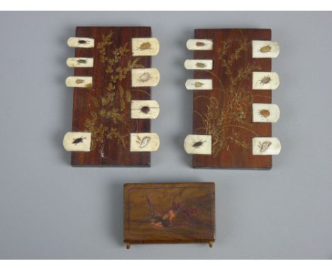 TWO SHIBAYAMA BEZIQUE MARKERS in Japanese hardwood with gilt foliage, eight inset flip ivory tabs to each, inlaid with mother