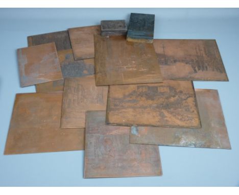 FIFTEEN ENGRAVED COPPER PRINTER'S PLATES, an engraved wooden printer's block and an etched copper example, various scenes inc