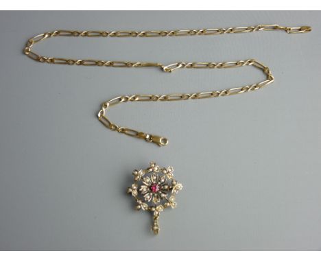 A NINE CARAT GOLD CHAIN with a pearl and ruby set pendant, 46 cms long the chain, 8.5 grms, the brooch believed gold, marks u