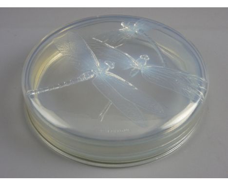 A RENÉ LALIQUE CHOCOLATE/POWDER BOX, 'Georgette' design, the circular opalescent glass with three dragonflies in relief and m