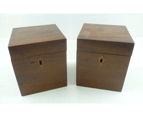 A PAIR OF PLAIN MAHOGANY 19TH CENTURY TEA CADDY BOXES, fitted inner covers, 10.5cm wide 