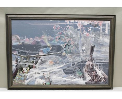 BARBARA MARY RUSSON (d.2007) Canal Lock and Steam Engine in fantasy setting, monogrammed in stained wood frame, 74cm x 110cm 