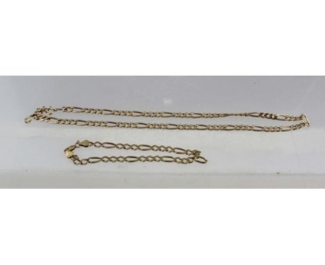 A FOREIGN GOLD COLOURED METAL FANCY HAMMERED CURB NECK CHAIN AND MATCHING ANKLE BRACELET, having stretched links and bolt rin